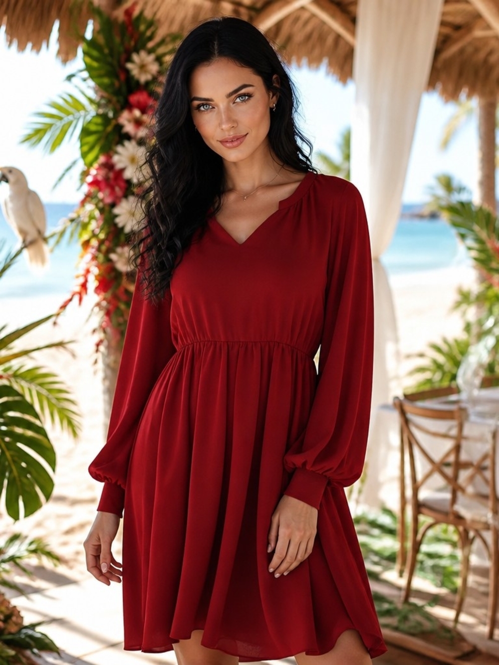 Chic Soul Burgundy Long-Sleeve V-Neck A-Line Dress